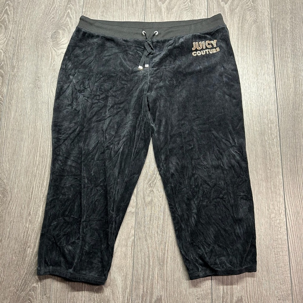 Juicy Couture Black Velour Cropped Track Pants Y2K Joggers Large